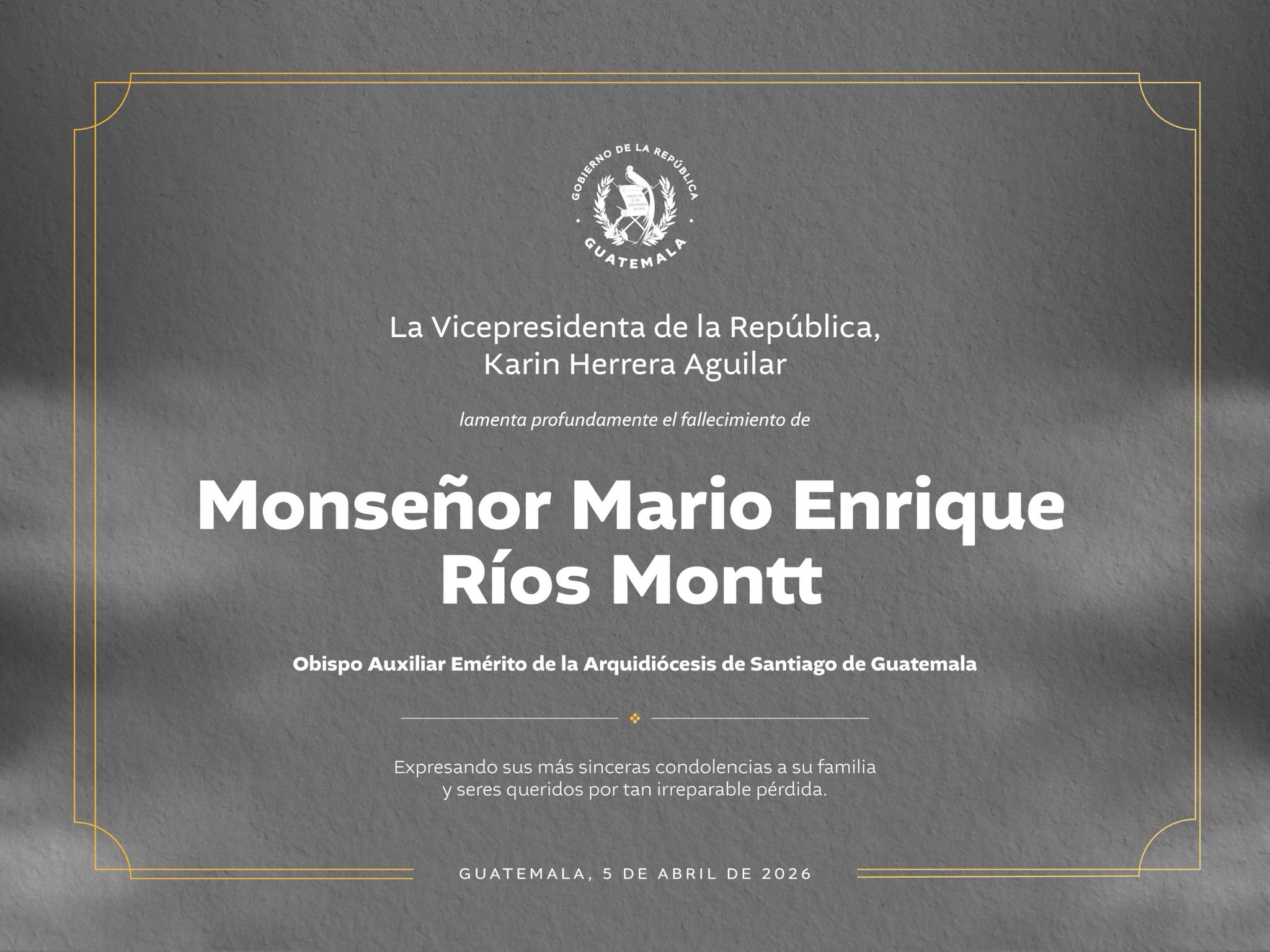 Vicepresidenta Karin Herrera lamenta el fallecimiento de monseñor Mario Ríos Montt